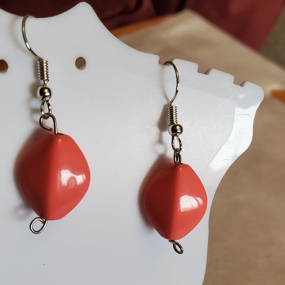 Silver Tone Pink Plastic Bead Dangle Hook Earrings